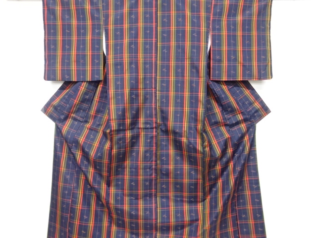 リサイクル　格子に琉球絣柄織り出し米沢紬着物　道行コートアンサンブル
